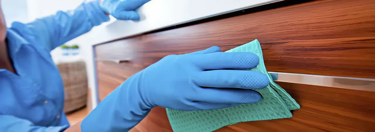 Cleaner wearing blue gloves wiping a wooden cabinet drawer with a microfiber cloth for dust and grime removal, Bellevue, WA.