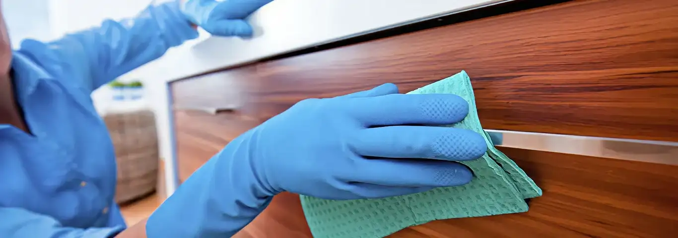 Cleaner wearing blue gloves wiping a wooden cabinet drawer with a microfiber cloth for dust and grime removal, Bellevue, WA.