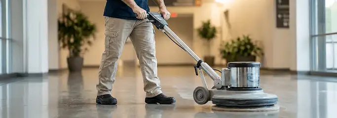 Professional technician using an industrial floor buffer to polish and maintain shiny commercial flooring in a corporate hallway in Bellevue, WA.