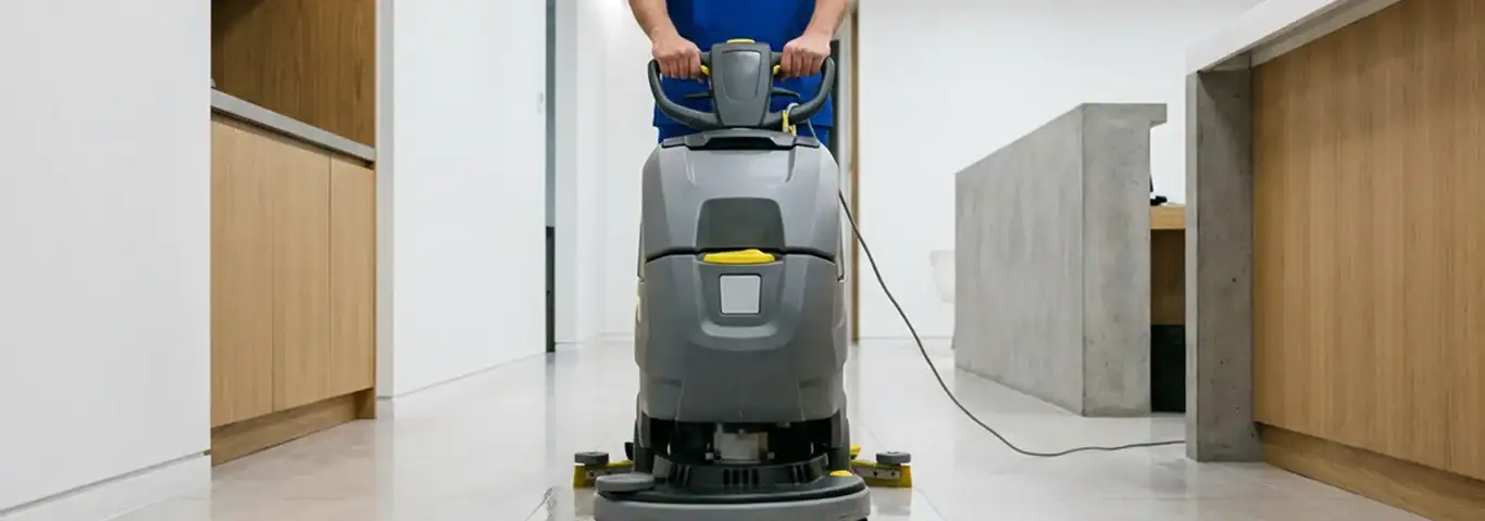 Janitorial staff using a floor scrubber machine to clean a commercial hallway, Bellevue, WA.