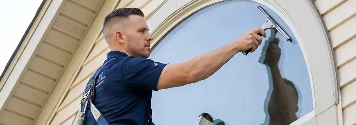 Professional window cleaner using a squeegee to clean an exterior arched window on a home, Bellevue, WA.