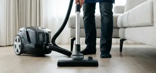 Professional house cleaner vacuuming a living room floor with a canister vacuum cleaner, Bellevue, WA.