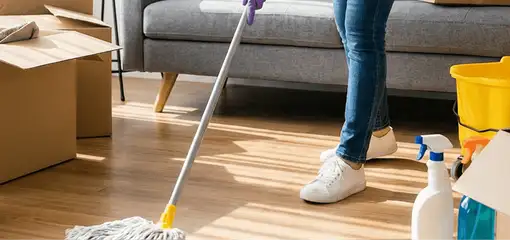 Move-out cleaning setup with a cleaner mopping hardwood floors near moving boxes and cleaning supplies, Bellevue, WA.