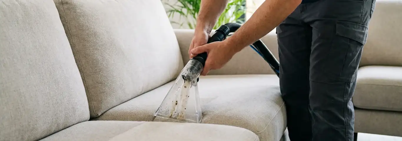 Technician extracting dirt and moisture from a fabric sofa with an upholstery cleaning wand, Bellevue, WA.