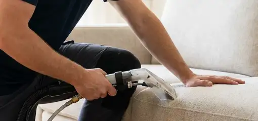 Professional upholstery cleaner deep-cleaning a fabric sofa with a handheld extraction tool, Bellevue, WA.