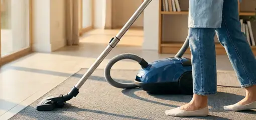 Person vacuuming a living room rug with a canister vacuum cleaner near large windows, Bellevue, WA.